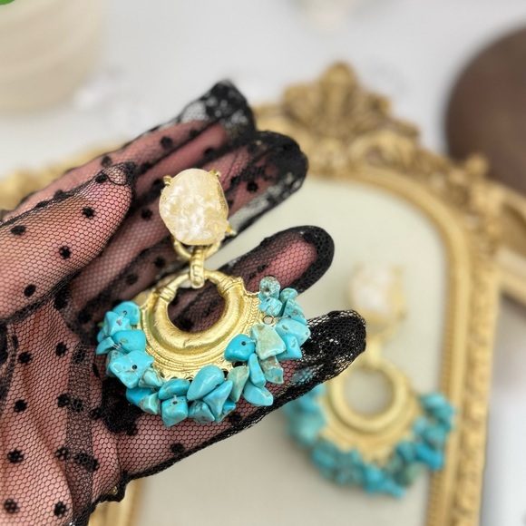 Statement Turquoise & Gold Drop Earrings | Boho Chic Bold Style - Picture 6 of 7